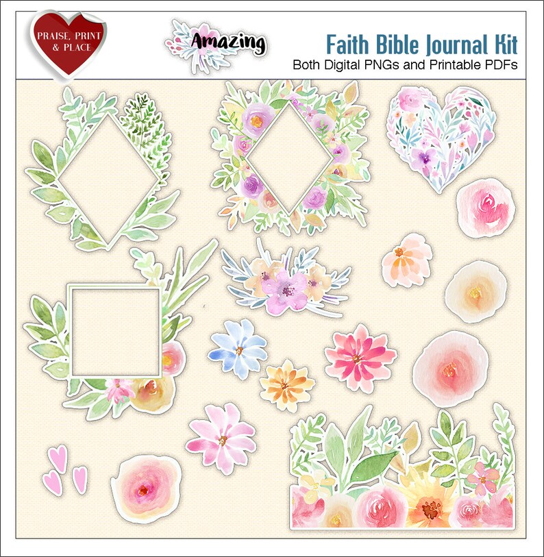 May include: A set of digital and printable floral illustrations for journaling. The set includes a heart, a diamond, a square, and several individual flowers and leaves. The illustrations are in watercolor style and feature pink, yellow, and green colors.