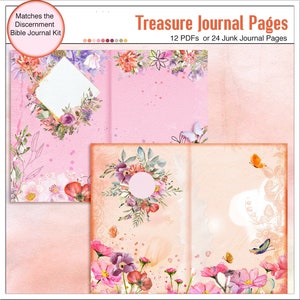 May include: Two pages of printable junk journal pages with floral designs. The pages are pink and peach with watercolor flowers and butterflies. The text "Treasure Journal Pages" is at the top of the image. The text "12 PDFs or 24 Junk Journal Pages" is below the title.