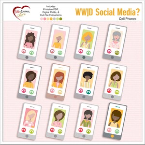 May include: A digital graphic set titled WWJD Social Media? Cell Phones featuring twelve illustrations of smartphones. Each phone displays a stylized portrait of a person with various hair colors and clothing patterns, along with red and green call buttons.