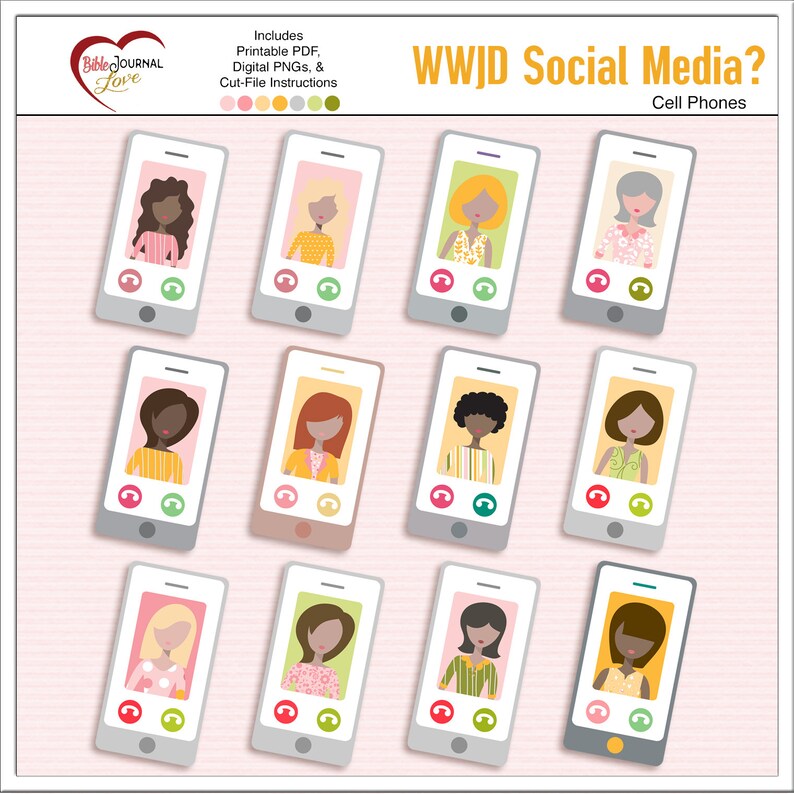 May include: A digital graphic set titled WWJD Social Media? Cell Phones featuring twelve illustrations of smartphones. Each phone displays a stylized portrait of a person with various hair colors and clothing patterns, along with red and green call buttons.
