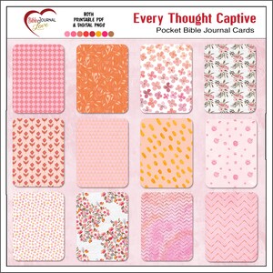 May include: Set of 12 printable digital Bible journal cards with various patterns in pink, orange, and gold. The patterns include floral, geometric, and polka dots. The text "Every Thought Captive" and "Pocket Bible Journal Cards" is at the top of the image.