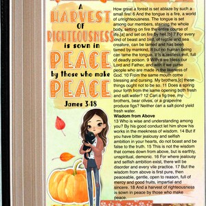 May include: A harvest of righteousness is sown in peace by those who make peace.  A watercolor illustration of a girl holding a black cat, a pumpkin, and fall leaves.  The text is from James 3:18 in the Bible.