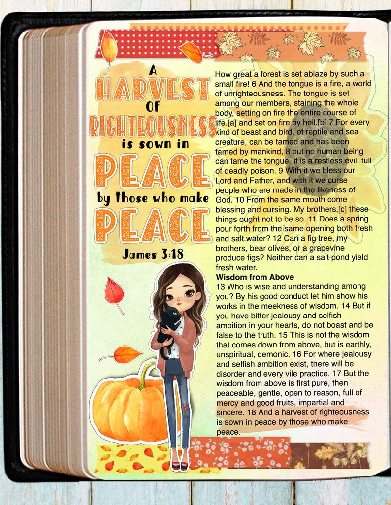 May include: A harvest of righteousness is sown in peace by those who make peace.  A watercolor illustration of a girl holding a black cat, a pumpkin, and fall leaves.  The text is from James 3:18 in the Bible.