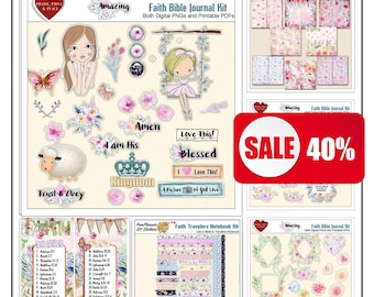 Bible Journal Kit: Digital & Printable Faith Travelers Notebook in Watercolor Florals on Faith