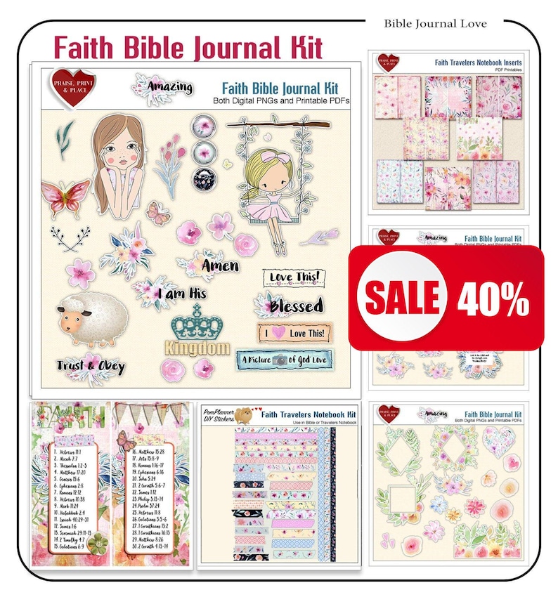 Bible Journal Kit: Digital & Printable Faith Travelers Notebook in Watercolor Florals on Faith image 1