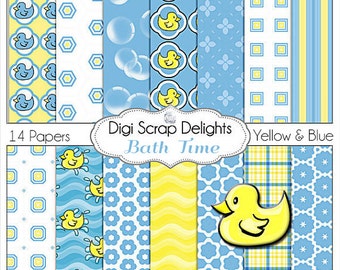 SALE 1.75 Rubber Duck Clip Art, Rubber Ducky Digital Papers in Blue & Yellow for CardMaking, Invites, Baby Shower, Instant Download