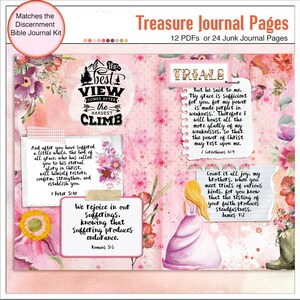 May include: Pink and white floral patterned printable journal pages with inspirational quotes and bible verses. The text includes "The best view comes after the hardest climb", "We rejoice in our sufferings, knowing that suffering produces endurance", "My grace is sufficient for you, for my power is made perfect in weakness", and "Count it all joy, my brothers, when you meet trials of various kinds, for you know that the testing of your faith produces steadfastness".