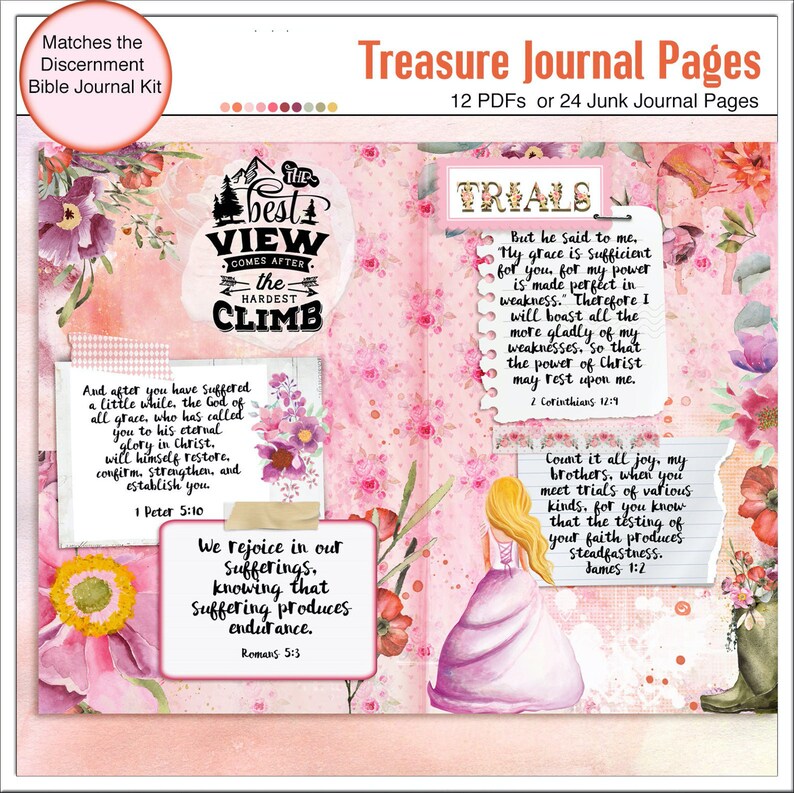 May include: Pink and white floral patterned printable journal pages with inspirational quotes and bible verses. The text includes "The best view comes after the hardest climb", "We rejoice in our sufferings, knowing that suffering produces endurance", "My grace is sufficient for you, for my power is made perfect in weakness", and "Count it all joy, my brothers, when you meet trials of various kinds, for you know that the testing of your faith produces steadfastness".