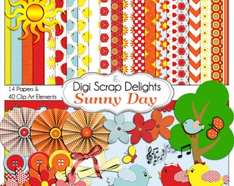 Scrapbook Kit! Sunny Day Digital Scrapbook Kit  in Yellow, Red, & Orange w Bird Clip Art for Digital Scrapbooking, Card Making