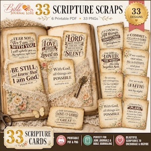 Op de afbeelding: Een verzameling van 33 schriftkaarten en snippers op papier in vintage-stijl met bloemaccenten en diverse bijbelverzen. De set bevat printbare PDF- en PNG-bestanden, weergegeven naast een open antiek boek en een metalen sleutel.