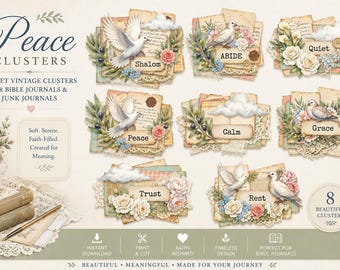 Vintage Peace Word Art Paper Clusters with Bible study! Christian Junk Journal Ephemera (Digital & Printable Download)