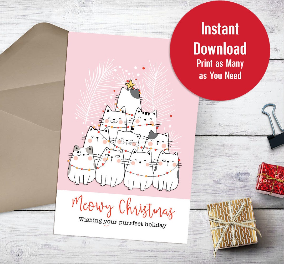 Printable Cat Christmas Card in Pink Unique Kitten Tree Meowy Christmas ...
