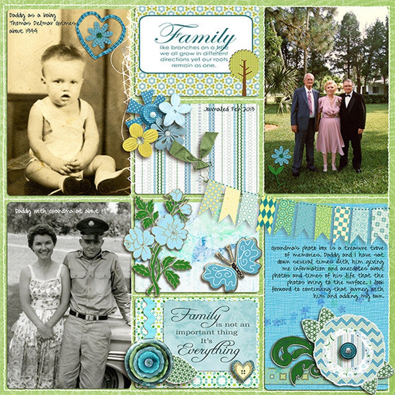Digital Scrapbooking: Enchanted Digital Scrapbook Kit in Turquoise, Golds and Green, Instant Download image 4