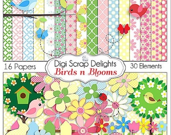 Birds n Blooms Scrapbook Kit for Digital Scrapbooking Card Making, Crafts, Party Favors, etc. Birds Flowers Clip Art, Instant Download