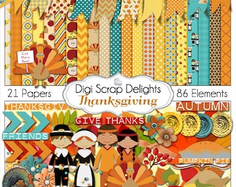 SAVE 60%! Thanksgiving Scrapbook Kit w Turkey, Pilgrim, Pumpkin, for Digital Scrapbooking, Fall Cards, Crafts, Orange, Yellow, Teal