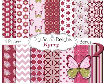 Butterfly Digital Papers Pink & Burgundy for Digital Scrapbook Paper for Scrapbooking, Card Making, Instant Download
