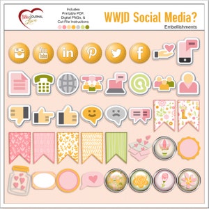 May include: A collection of digital embellishments featuring social media icons, speech bubbles, thumbs up and down symbols, floral banners, and circular badges with various patterns. The text reads WWJD Social Media? Embellishments.