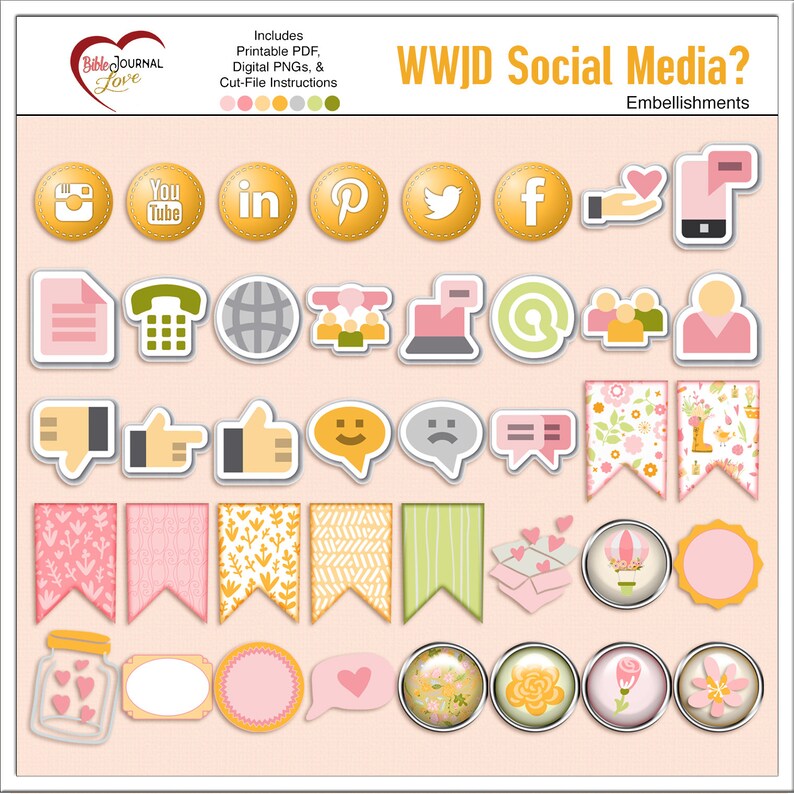 May include: A collection of digital embellishments featuring social media icons, speech bubbles, thumbs up and down symbols, floral banners, and circular badges with various patterns. The text reads WWJD Social Media? Embellishments.