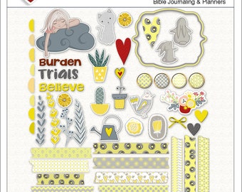 Sale! Burdened Girl BOTH: Printable & Digital Bible Journal Kit Includes 1 PDF and 50+ Pngs Yellow and Gray Washi Tape