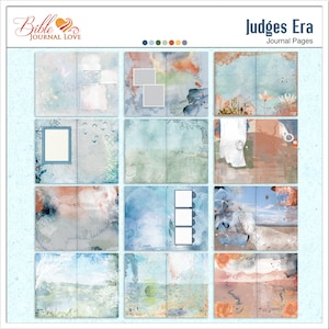 May include: Twelve digital scrapbook pages with watercolor backgrounds and space for photos. The pages feature a variety of colors, including blue, green, brown, and orange. The pages are titled "Judges Era Journal Pages".