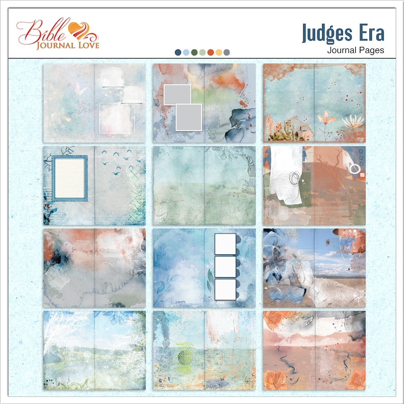 May include: Twelve digital scrapbook pages with watercolor backgrounds and space for photos. The pages feature a variety of colors, including blue, green, brown, and orange. The pages are titled "Judges Era Journal Pages".