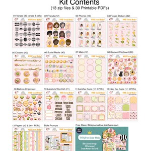 May include: A digital kit titled WWJD on Social Media containing 13 zip files and 30 printable PDFs. The collection features various graphic elements including verses, illustrated characters, phone icons, flower stickers, labels, and word art.