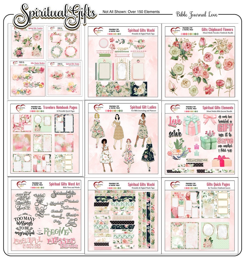 May include: A digital printable set of Bible journaling elements featuring floral designs, ladies in vintage dresses, gift boxes, and inspirational quotes. The set includes over 150 elements, including washi tape, chipboard flowers, and quick pages.