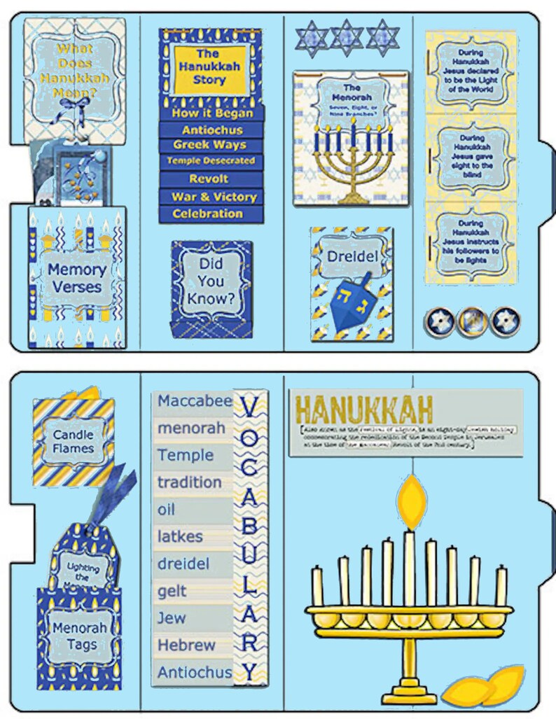 K&ouml;nnte beinhalten: Ein blaues und gelbes druckbares Hanukkah-Aktivit&auml;tsheft mit einem Leuchter, einem Dreidel und anderen Hanukkah-Symbolen. Das Heft enth&auml;lt eine Vokabelliste, Ged&auml;chtnisverse und die Hanukkah-Geschichte.