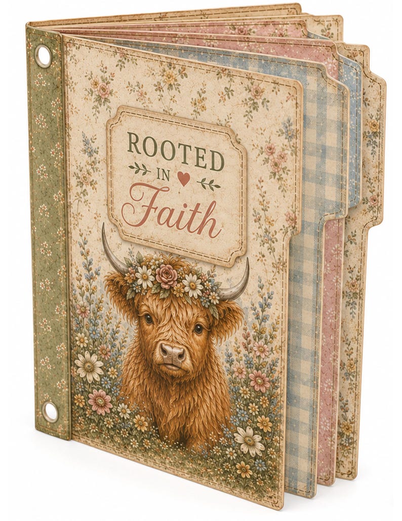 Rooted in Faith Highland Cow folio cover