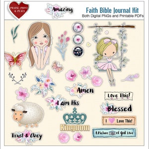 May include: A digital printable kit for faith-based journaling. The kit includes images of a girl on a swing, a sheep, flowers, butterflies, and text such as "Amen", "Love This!" and "Kingdom".