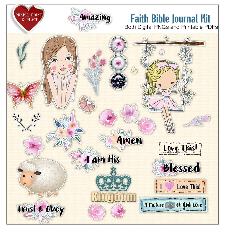 May include: A digital printable kit for faith-based journaling. The kit includes images of a girl on a swing, a sheep, flowers, butterflies, and text such as "Amen", "Love This!" and "Kingdom".