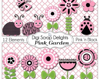 Pink and Black Bundle Bugs,  Flowers, Labels, Digital Papers, Clip Art for Digital Scrapbooking Crafts