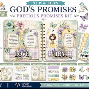 May include: A digital Bible journal kit titled God's Promises, featuring 32 PDF files including printable pages, journal cards, tags, pockets, envelopes, word art, Bible verse cards, fussy cuts, washi tape, clusters, and background papers.