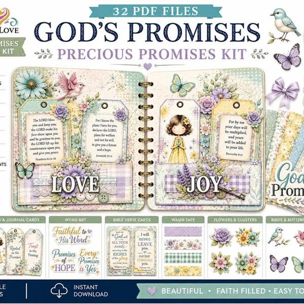 Kit de journal biblique « Precious Promises » | 27 fichiers PDF imprimables | Journal de foi créatif, cartes bibliques style cottagecore
