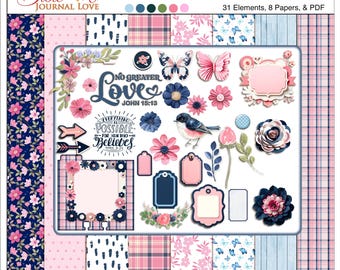 No Greater Love Bible Journal Kit - 31 Elements, 8 Papers & PDF | Christian Digital Scrapbook, Faith Journaling, Printable Bible Art