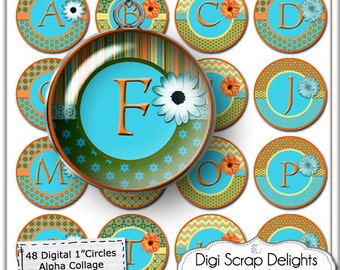 Boho Alpha Collage - Aqua Blue Orange One Inch Circles- Pendants, Magnets, Hair Bows, Jewelry, Bottle Caps, Instant Download