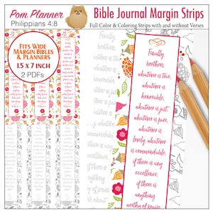 Printable Coloring Bible Journaling Margin Strips for Wide Bible Margins or Planner Sticker or Bookmarks Philippians 4:8