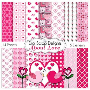 Clipart de dia dos namorados, papéis de scrapbook digital e clipart de pássaros em tons de quatrefoil rosa, padrões de coração