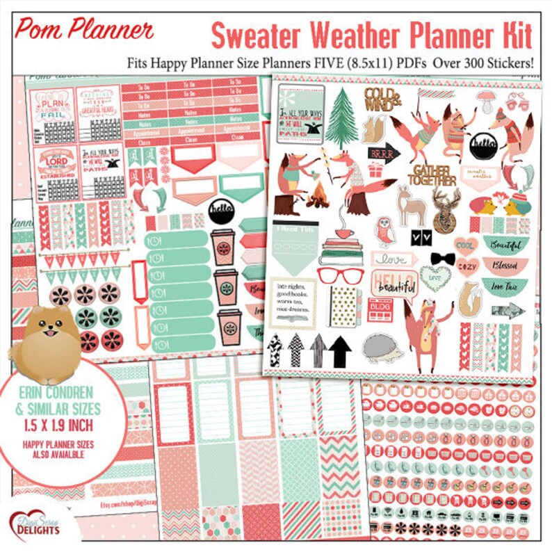 Planner Kit Stickers Sweater Weather Printable Planner Kit 5 PDFs Over 300 Stickers EC or Happy, Coral & Mint Foxes Fall imagem 1