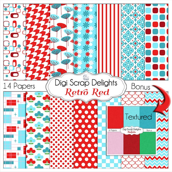 SALE 1.75 SALE 1.75 Retro Red, Aqua, Turquoise Digital Papers, Backgrounds for Digital Scrapbooking, Card Making, Phone Covers