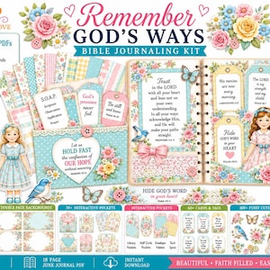 Könnte beinhalten: Ein Bibel-Journaling-Set mit dem Titel Remember GOD'S WAYS, das über 89 druckbare PDFs enthält, darunter Journal-Papiere, Taschen, Umschläge, Karten, Anhänger und Wortkunst. Das Design zeigt florale Vintage-Muster und Illustrationen von Mädchen.