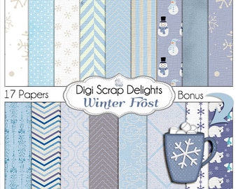 Frozen Digital Papers for Snow Scrapbooking Snowman, Snow Flakes, Cocoa, Instant Download