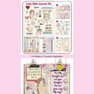 May include: A digital printable kit for Bible journaling. The kit includes a variety of images, including flowers, a crown, a lamb, and a girl with a crown. The kit also includes a variety of Bible verses and quotes. The kit is perfect for adding a personal touch to your Bible journaling.