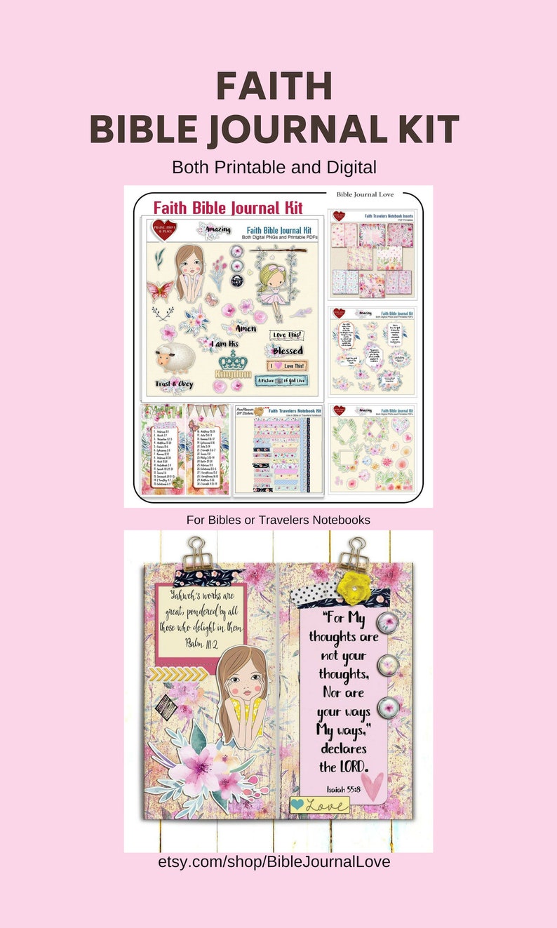 May include: A digital printable kit for Bible journaling. The kit includes a variety of images, including flowers, a crown, a lamb, and a girl with a crown. The kit also includes a variety of Bible verses and quotes. The kit is perfect for adding a personal touch to your Bible journaling.