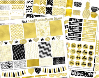 Planner Kit Stickers Gold and Black Foil Printable Planner for Erin Condren  & EC Happy Planner Elegant Tassels Washi Ribbons 