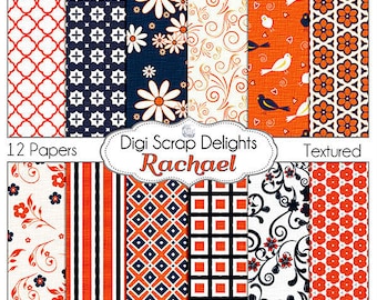 SALE 1.75 Navy Blue & Orange Scrapbook Paper: Rachael Digital Scrapbook Paper for Scrapbooking, Card Making, Crafts, Instant Download