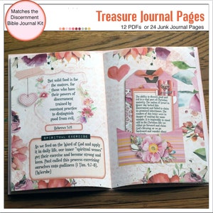 May include: An open journal with pink and white floral designs. The left page has a quote about spiritual exercise and the right page has a quote about discernment. The journal pages are part of a printable kit for journaling.