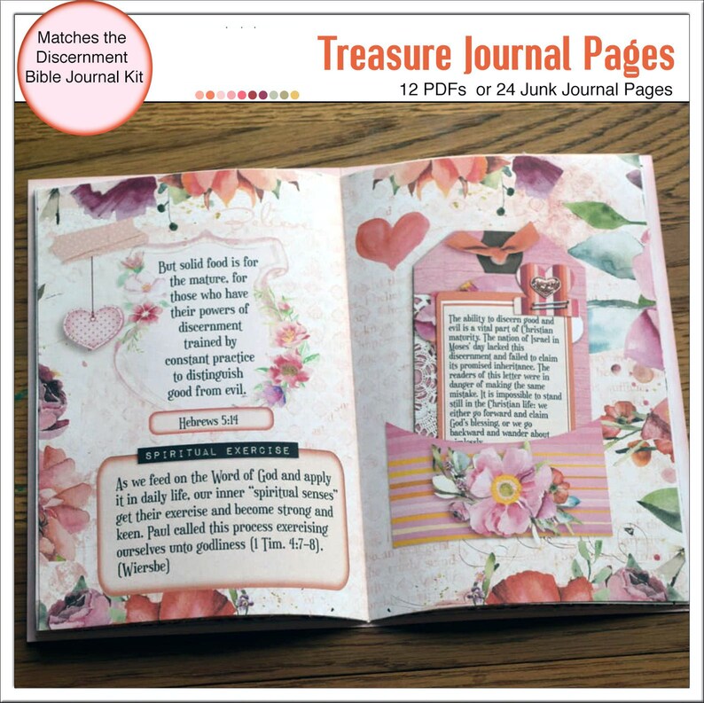 May include: An open journal with pink and white floral designs. The left page has a quote about spiritual exercise and the right page has a quote about discernment. The journal pages are part of a printable kit for journaling.
