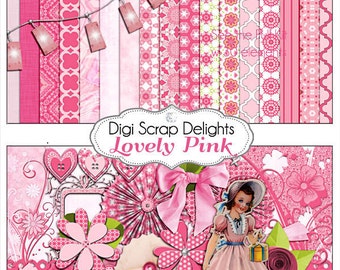 Lovely Pink Digital Scrapbook Kit, Instant Download, for Cards, Invites, Girl Birthday, Digital Scrapbook