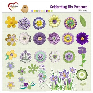 K&ouml;nnte beinhalten: Eine Sammlung von digitalen Clipart-Bildern mit lila, gr&uuml;nen und gelben Blumen. Die Bilder sind perfekt f&uuml;r Scrapbooking, Kartenherstellung und andere Bastelprojekte. "Celebrating His Presence" und "Flowers" stehen oben im Bild.